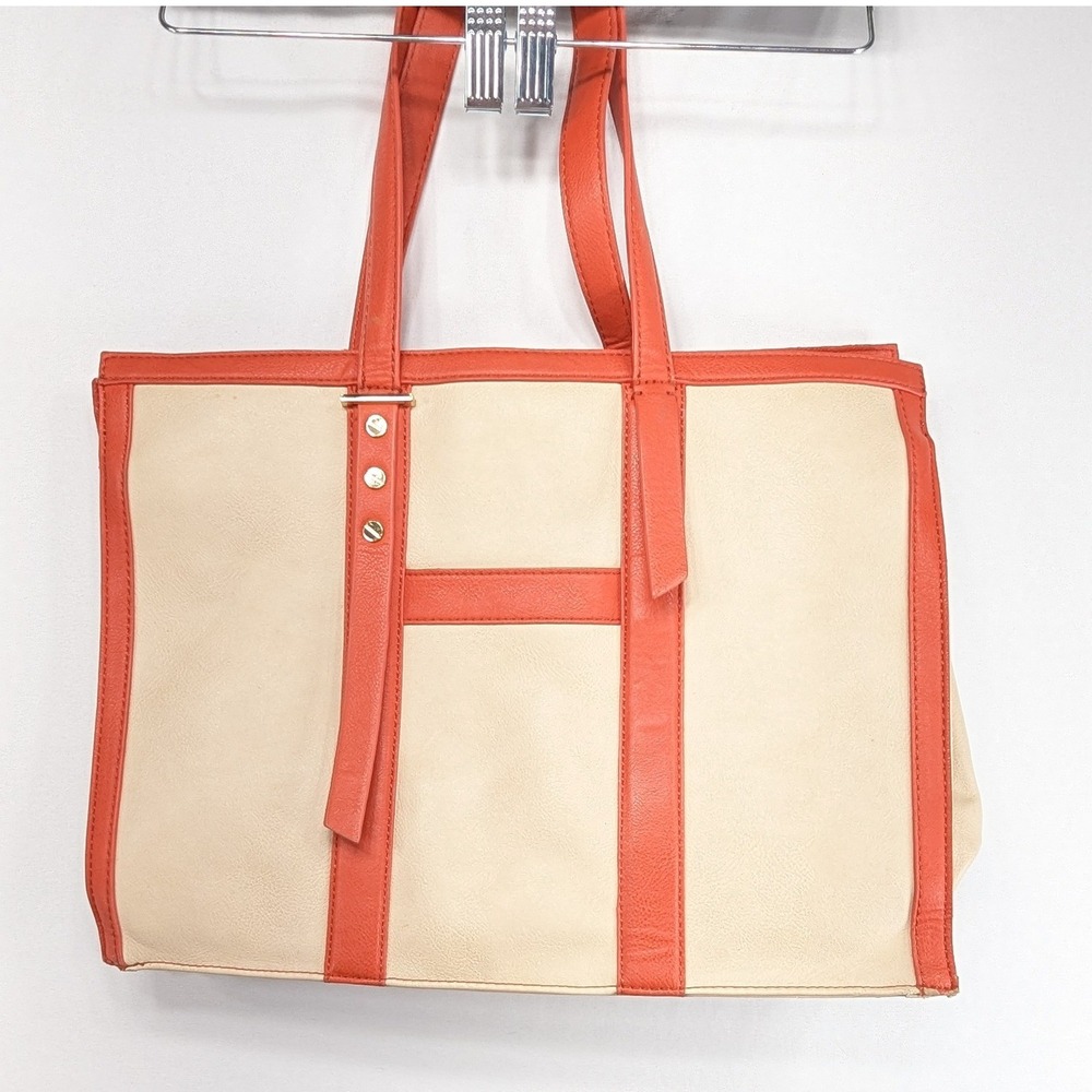 Big Buddha Tote Bag Orange Cream Faux Leather Studded Floral Lining Shoulder Bag